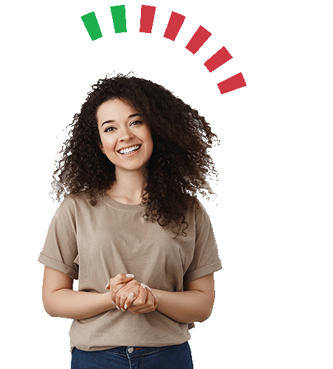Young Woman with Long Curly Hair with DiSC Rainbow above her head