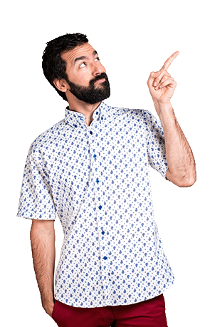 Man wearing light shirt pointing up in the air